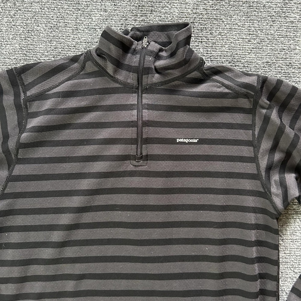 Patagonia Pullover Youth XL 14 Gray Striped Capilene 3 1/4 Zip Baselayer